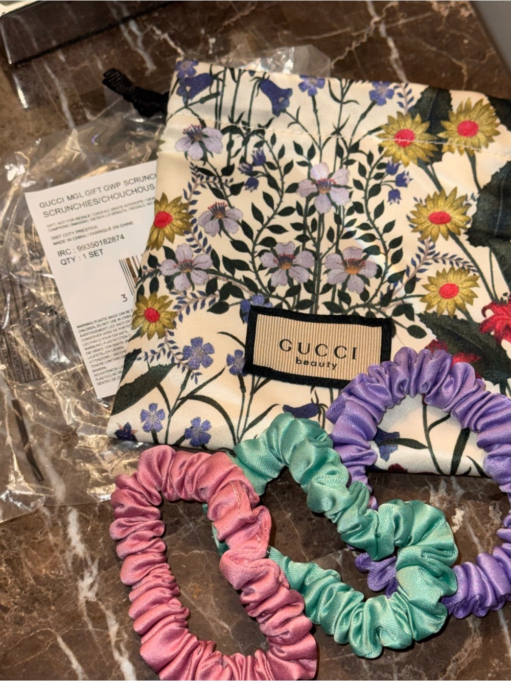 Gucci pastel scrunchie set with floral pouch - pink, mint, lavender